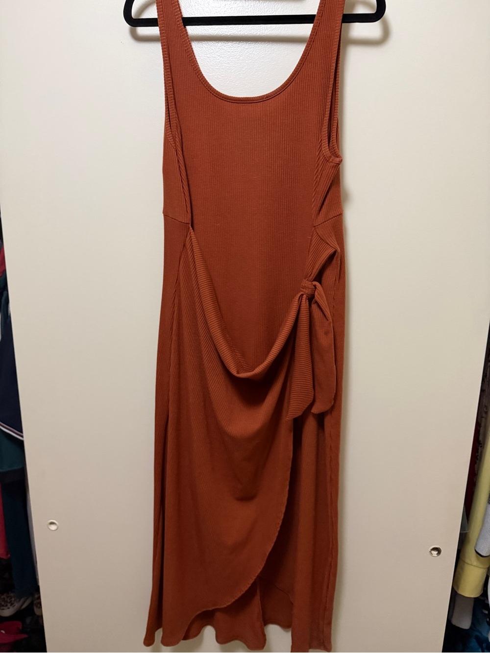nine britton Rust Ribbed Sleeveless Midi Dress with Side Knot